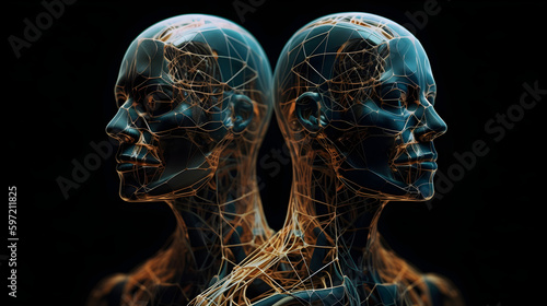 A digital illustration of two human heads. Concept of digital twin. Generative AI