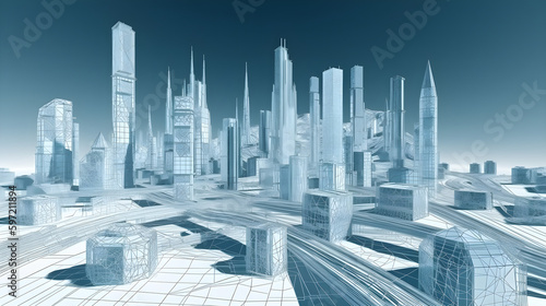 A futuristic city with a blue background and a white cityscape. Digital twin technology. Generative AI