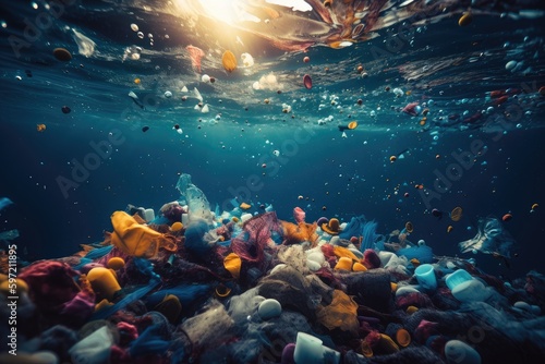 microplastic particles floating in ocean, creating a toxic soup for marine life, created with generative ai photo