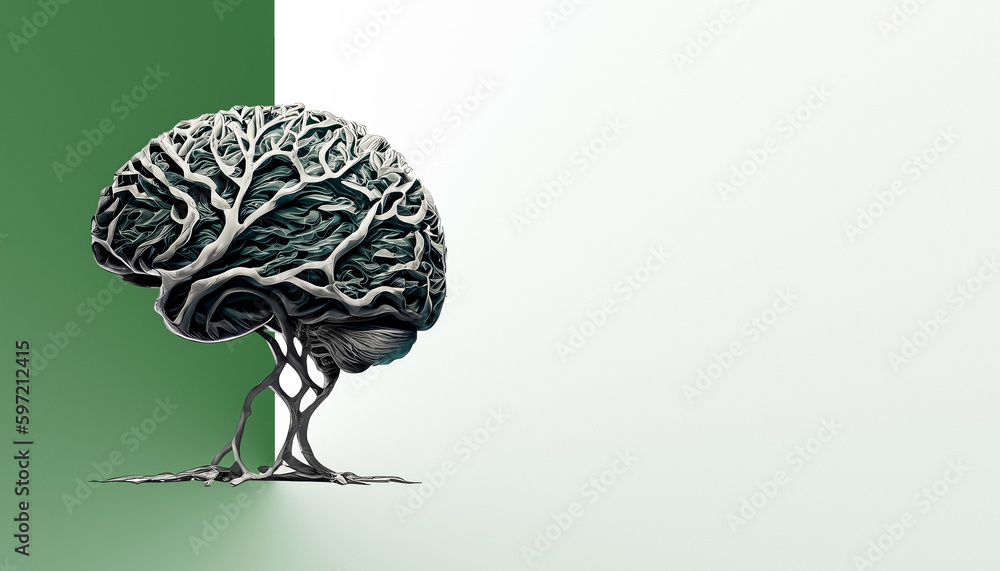 Fototapeta premium Artistic Illustration of a Human Brain with Flowers and Butterflies, Representing Self-Care and Mental Health Concept with a Focus on Positive Thinking and Creative Mind, Generative AI