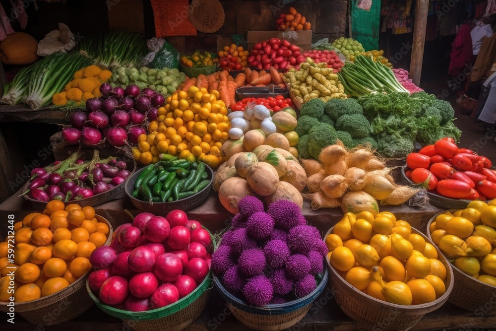 brightly colored fruits and vegetables at market stall, created with generative ai