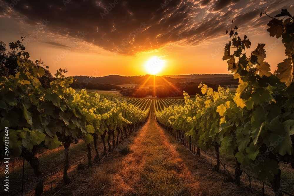 vineyard at sunset, with the sun setting behind rows of grapevines, created with generative ai