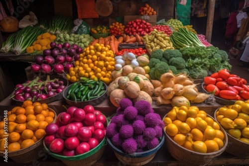 brightly colored fruits and vegetables at market stall, created with generative ai