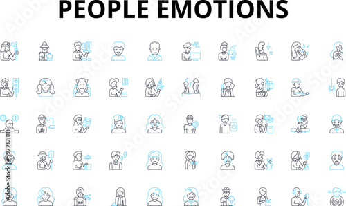 People emotions linear icons set. Happiness, Sadness, Anger, Love, Hate, Joy, Fear vector symbols and line concept signs. Excitement,Anxiety,Contentment illustration