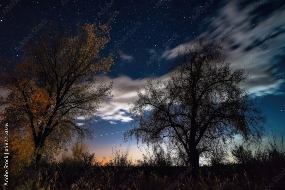 harvest moon night sky, with clouds and stars visible, and silhouettes of trees in the foreground, created with generative ai