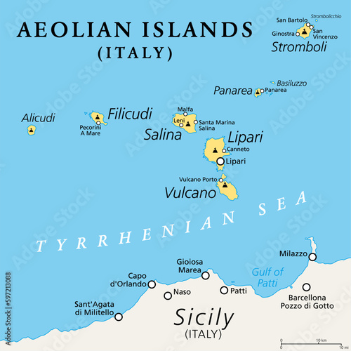 Aeolian Islands, Italia, political map. Volcanic archipelago in the Tyrrhenian Sea north of Sicily. Sometimes called  Lipari Islands. Lipari, Vulcano, Salina, Stromboli, Filicudi, Alicudi and Panarea. photo