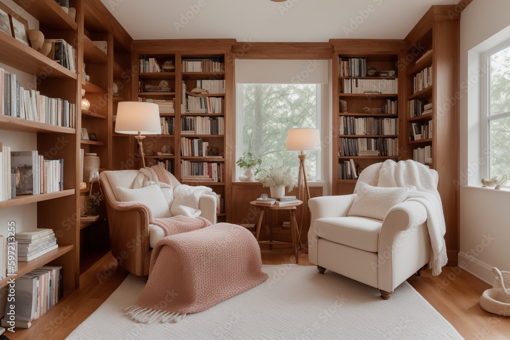 cozy and inviting reading nook with a comfortable armchair, bookshelves filled with books, warm lighting from a floor lamp, soft blanket, and cushions. Generative AI cozy and inviting reading nook with a comfortable armchair, bookshelves filled with books, warm lighting from a floor lamp, soft blanket, and cushions. Generative AI
