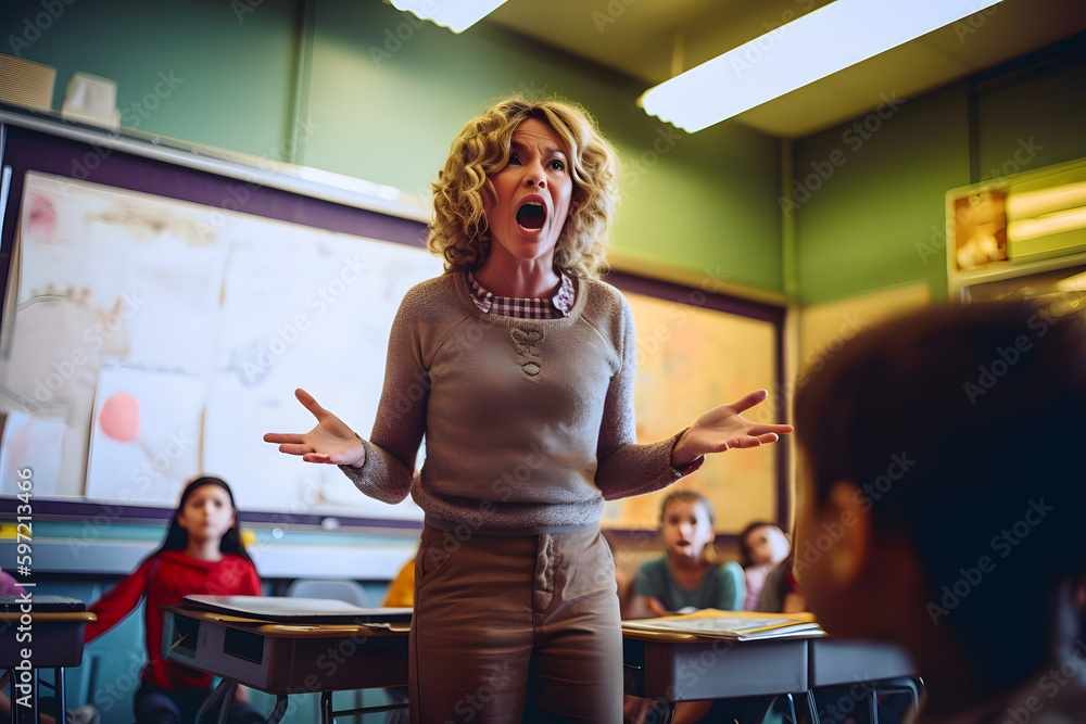 Educational concept theme, portrait of the angry teacher woman yells at