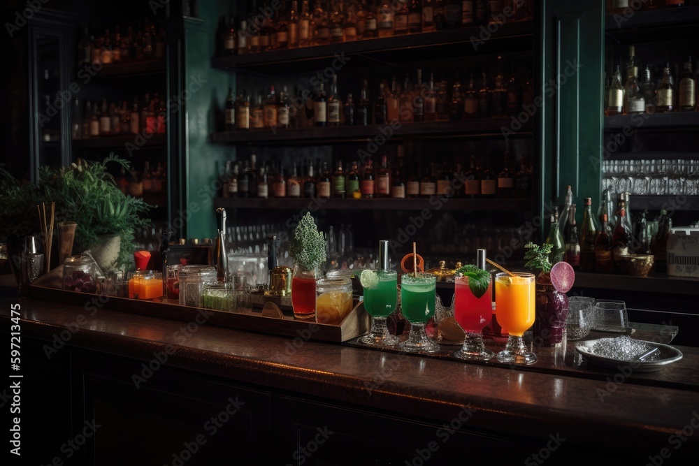 bar counter, with variety of colorful cocktails and garnishes, created with generative ai bar counter, with variety of colorful cocktails and garnishes, created with generative ai