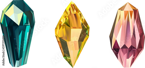 A collection of images of diamonds of various geometric shapes, colors and sizes.Glass shiny crystals with different shades reflecting light.Vector realistic set of glow gemstone or colorful ice.