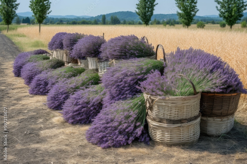 Fototapeta premium lavender harvest season, with bundles of lavender waiting to be picked, created with generative ai