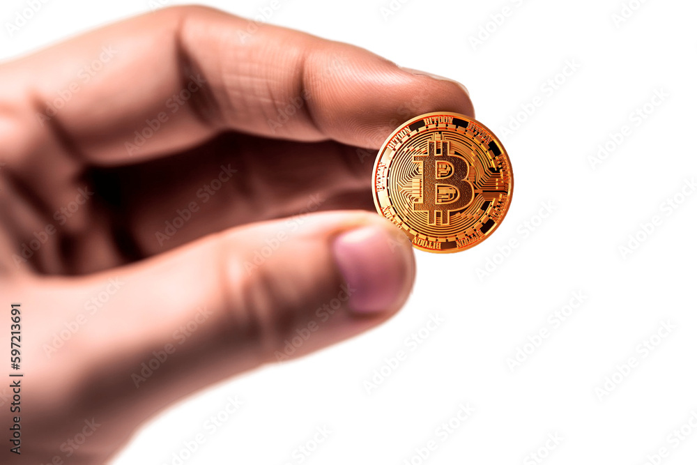 Hand holding bitcoin between thumb and forefinger Hand holding bitcoin between thumb and forefinger
