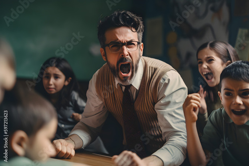 Obraz na płótnie Educational concept theme, portrait of the angry teacher man yells at students emotionally expressing dissatisfaction bad behavior about the performance of the group class team