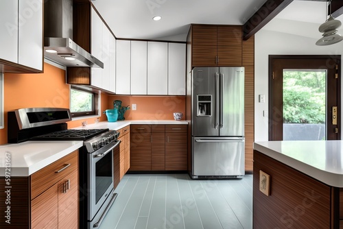 mid-century modern kitchen with contemporary appliances and sleek countertops, created with generative ai