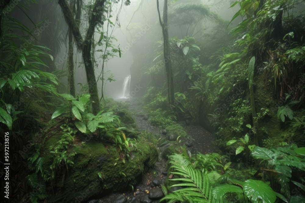 Fototapeta lush jungle with waterfall, surrounded by mist, created with generative ai