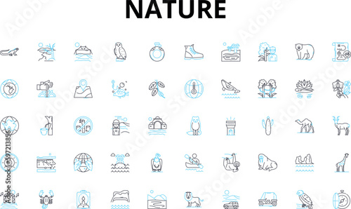 Nature linear icons set. Forest, Mountain, River, Ocean, Lake, Sky, Sunset vector symbols and line concept signs. Sunrise,Clouds,Rainforest illustration