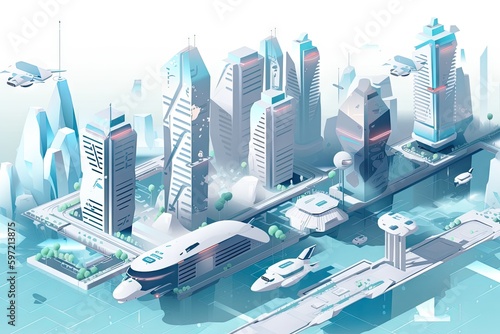 isometric view of futuristic cityscape, with towering skyscrapers and hovering hovercrafts visible in the background, created with generative ai