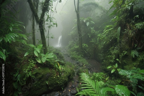 lush jungle with waterfall, surrounded by mist, created with generative ai