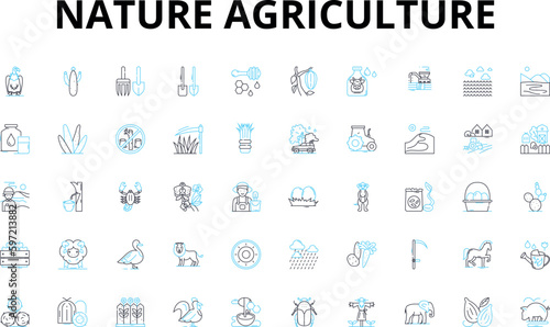 Nature agriculture linear icons set. Soil, Seeds, Harvest, Fertilizers, Irrigation, Cultivation, Livestock vector symbols and line concept signs. Organic,Pesticides,Gardening illustration