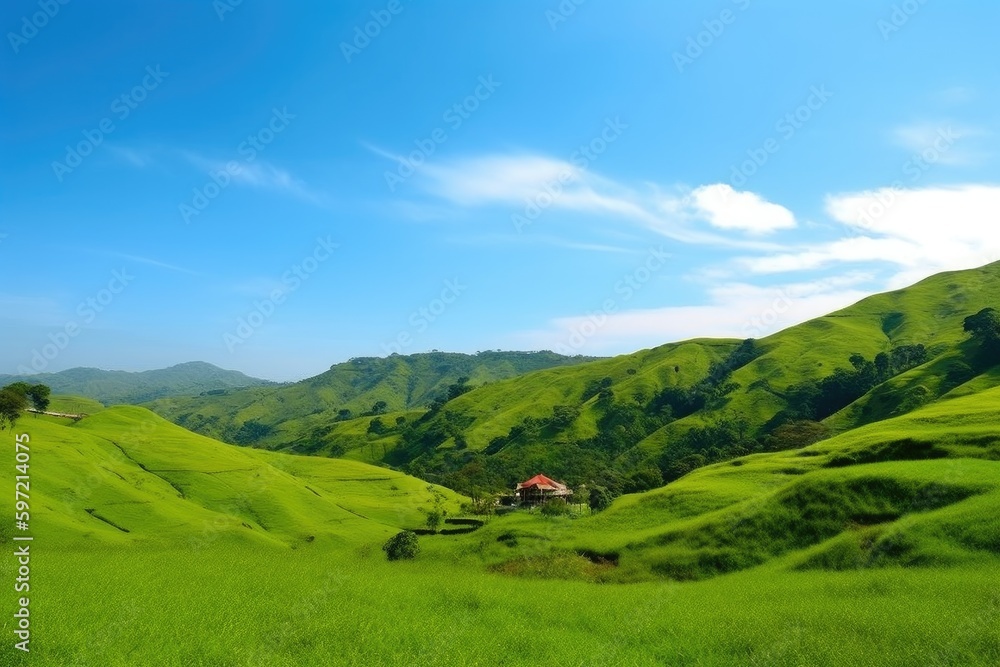 exotic destination of rolling green hills and blue skies, created with generative ai