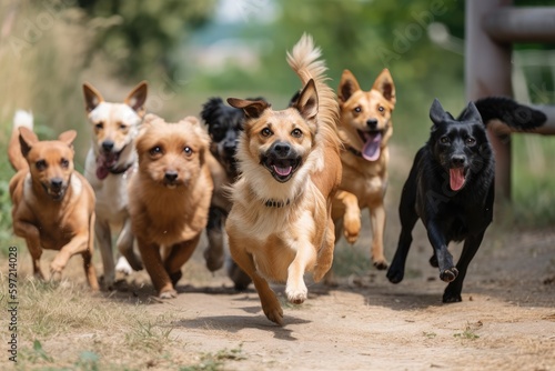 group of playful dogs running around, jumping and playing with each other, created with generative ai