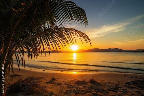 seascape with sun setting over golden beach, with palm trees in the background, created with generative ai