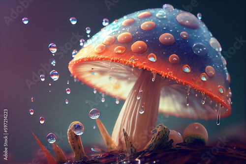 close-up of magic shroom with droplets of water on the cap, created with generative ai