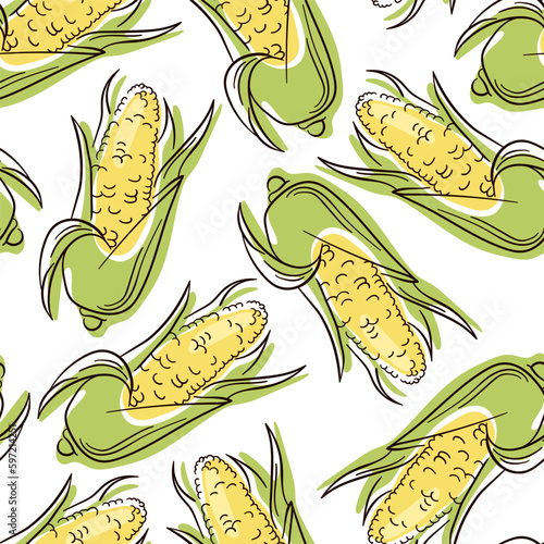 Corn line art seamless pattern. Seamless linear pattern of sweet corn cobs with pastel colors on a white background. Print, textile, vector.