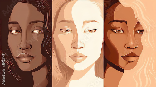 beautiful illustration of a womanin different poses with varied skin colors, generative ai technology