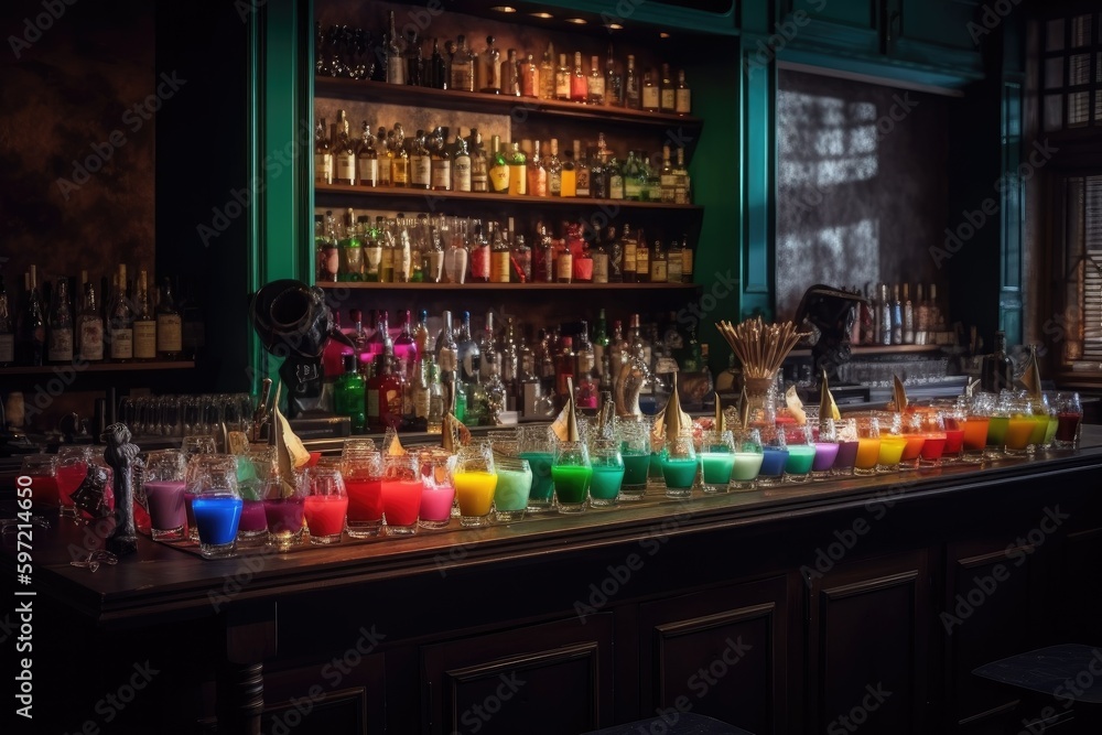 bar with collection of colorful cocktails, each one unique and different, created with generative ai