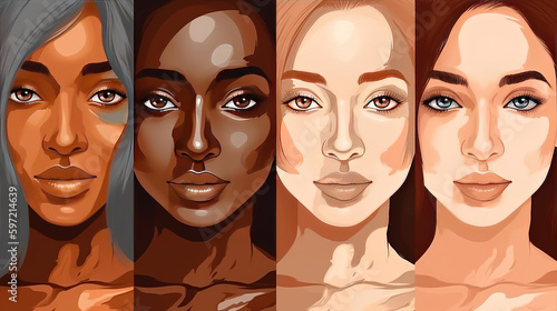 a beautiful woman in four different patterns with varied skin colors, generative ai technology