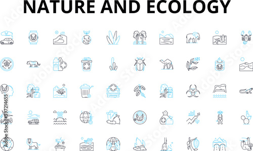 Nature and ecology linear icons set. Forest, River, Mountain, Wildlife, Ocean, Soil, Wilderness vector symbols and line concept signs. Ecosystem,Sustainability,Biodiversity illustration