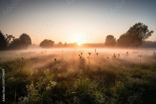 morning mist covering meadow, with sun rising in the background, created with generative ai