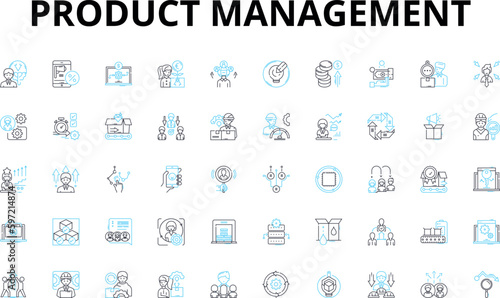 Product management linear icons set. strategy, roadmap, prioritization, ideation, analysis, development, launch vector symbols and line concept signs. iteration,optimization,customer illustration