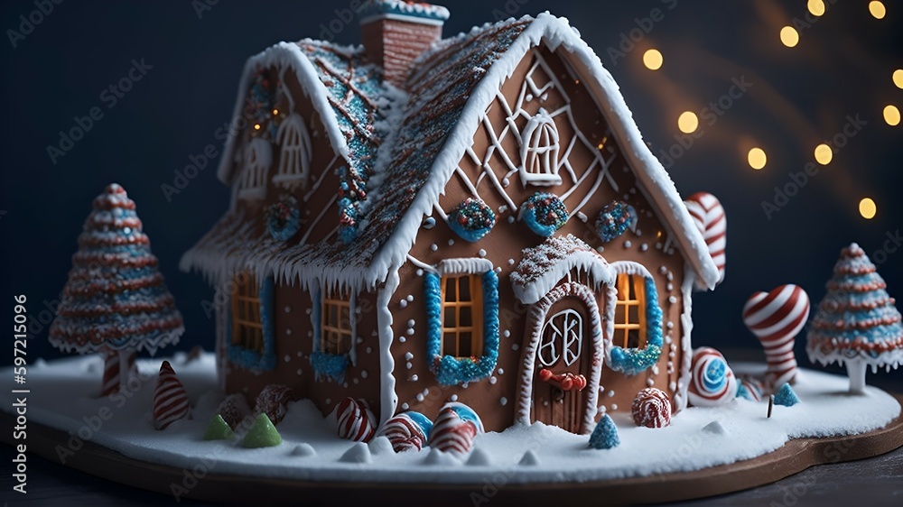 Gingerbread house with candy decorations, Generative AI
