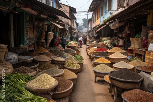 street market filled with fresh produce, spices, and dried herbs, created with generative ai