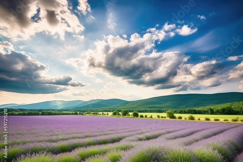 pristine lavender field with rolling hills, sunlight and clouds, created with generative ai