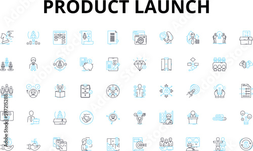 Product launch linear icons set. Unveil, Release, Introduction, Debut, Launch, Premiere, Rollout vector symbols and line concept signs. Kickoff,Announcement,Unbox illustration