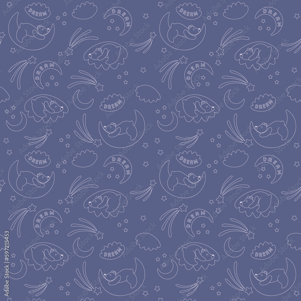 seamless pattern with sleeping bears, stars, moon and clouds.vector illustration seamless pattern with sleeping bears, stars, moon and clouds.vector illustration