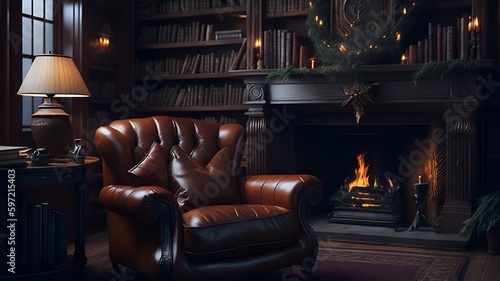 Santa's cozy library filled with books, Generative AI
