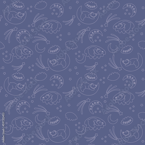 seamless pattern with sleeping bears  stars  moon and clouds.vector illustration