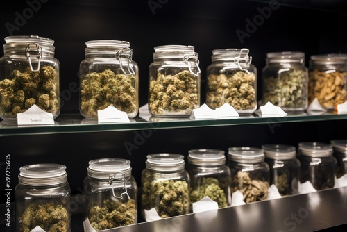 medical marijuana dispensary, with various strains and forms of the drug available for purchase, created with generative ai