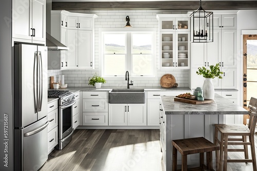modern farmhouse kitchen with sleek, white cabinets and gray granite countertops, created with generative ai