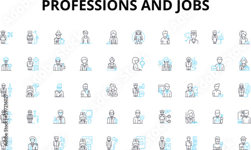 Professions and jobs linear icons set. Engineer, Architect, Doctor, Lawyer, Teacher, Photographer, Chef vector symbols and line concept signs. Writer,Accountant,Salesperson illustration