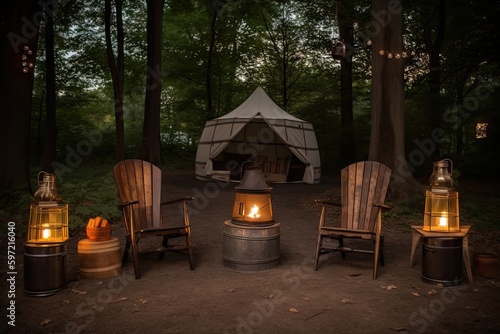 fireside camp setup with chairs and lanterns for a cozy evening, created with generative ai