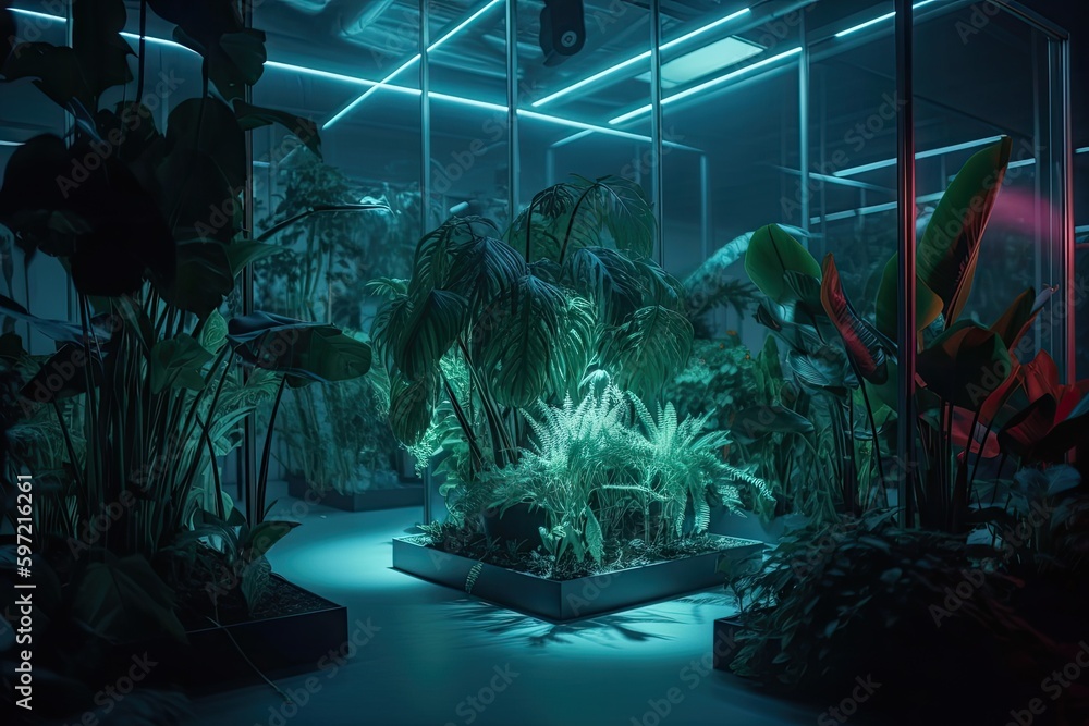 neon plants in a futuristic greenhouse, with artificial lighting and ...
