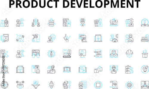 Product development linear icons set. Innovation, Prototyping, Testing, Iteration, Design, User-centric, Agile vector symbols and line concept signs. Market research,Concept,Feedback illustration
