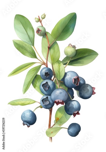 Watercolor illustration of blueberries isolated on white background. Generative AI.