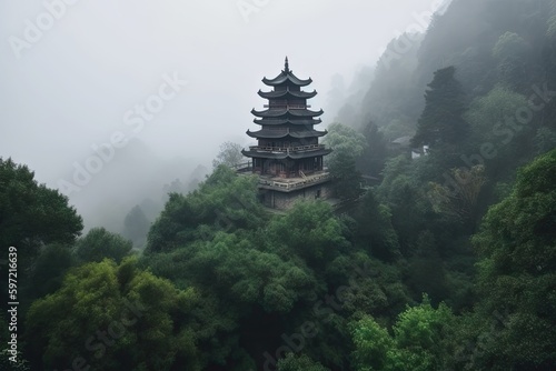 ancient pagoda in the misty mountains, surrounded by greenery, created with generative ai