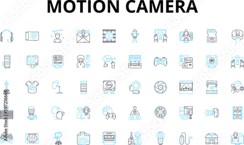 Motion camera linear icons set. Action, Adventure, Waterproof, Durability, Quality, Biking, Hiking vector symbols and line concept signs. Mountaineering,Surfing,Snowboarding illustration